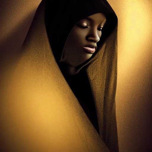 Prompt: a portrait of a young black woman wearing a long dark cloak, hood and shadows covering face, oil painting, matte painting, black background, Volumetric Golden dappled dynamic lighting, Highly Detailed, Cinematic Lighting, Unreal Engine, 8k, HD, by Beksinski