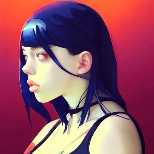 Image similar to a beautiful billie eilish kat dennings alluring instagram model in elaborate latex tank top, by guweiz and wlop and ilya kuvshinov and artgerm and makoto shinkai and studio ghibli, symmetrical eyes, aesthetic, gorgeous, stunning, alluring, attractive, artstation, deviantart, pinterest, digital art