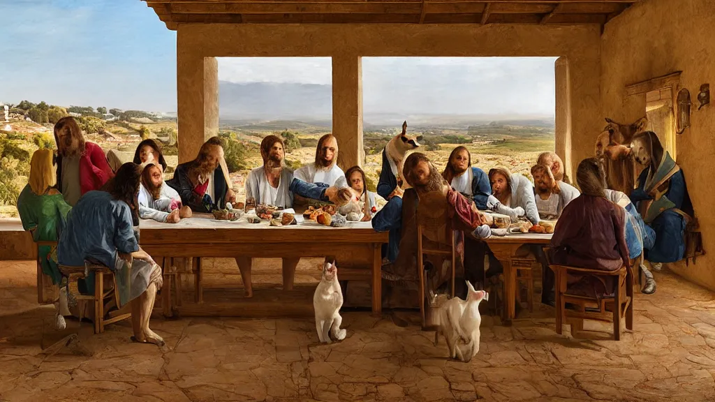 Image similar to humans with cat heads dressed in suits sitting around a table in the scene of the last supper, under the porch of a typical portuguese house, with typical alentejo landscape in the back, sunny morning, matte painting, oil canvas, photorealistic illustration, extreme detail, hyper realistic, highly detailed, digital art