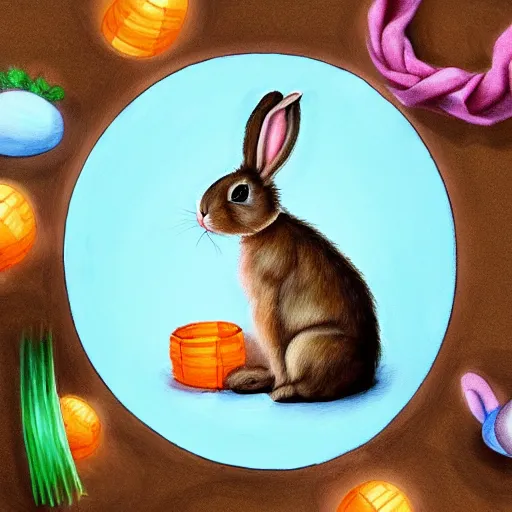 Image similar to cute fluffy tan lop eared bunny rabbit sitting by pond with chinese lanterns detailed painting 4k