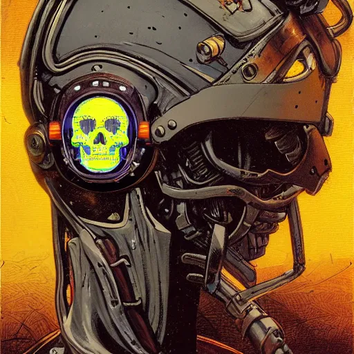 Image similar to !dream portrait of a dead cyberpunk space pirate in concept armor with golden cyborg skull in a futuristic prototype oxygen intake helmet by Abigail Larson + Alan Lee + Audrey Kawasaki + Giovanni-Piranesi + Winsor-McCay + Howard-Pyle, headshot, 8k vhs glitch, cinematic, sharp focus, smooth, sense of awe