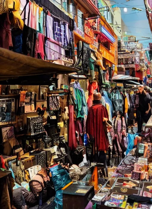 Image similar to busy scifi jewish market before shabbat. cinematic. epic framing. colorful products. lovely scene.