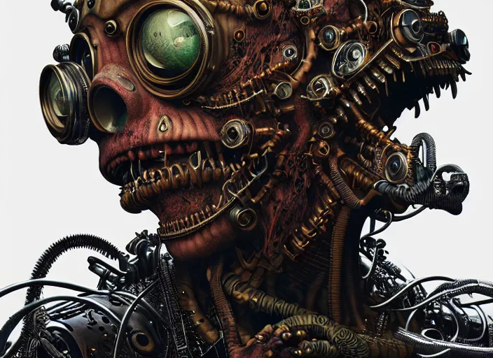 Image similar to an intricately detailed ultra - realistic unreal engine 5 rendering of a portrait of steampunk cyberpunk neon - bordered cyborg zombie creature from the black lagoon, concept art, intricate details, eerie, highly detailed, photorealistic, octane render, 8 k uhd art by kilian eng