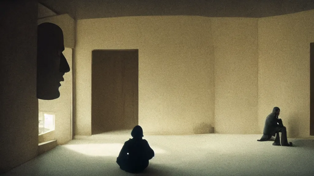 Prompt: people sit in the living room, a giant head watches them through a window, film still from the movie directed by Denis Villeneuve with art direction by Zdzisław Beksiński, wide lens