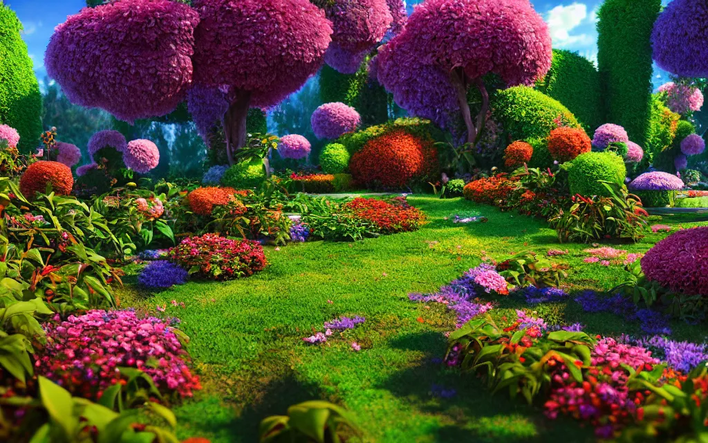 Image similar to a sprawling garden with many flowers and vines, sunny day, beautiful lighting, vivid colors!, highly detailed, cinematic, octane render, 4 k, trending on artstation, deviantart featured