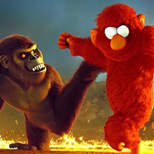 Image similar to 3 headed elmo fights king kong