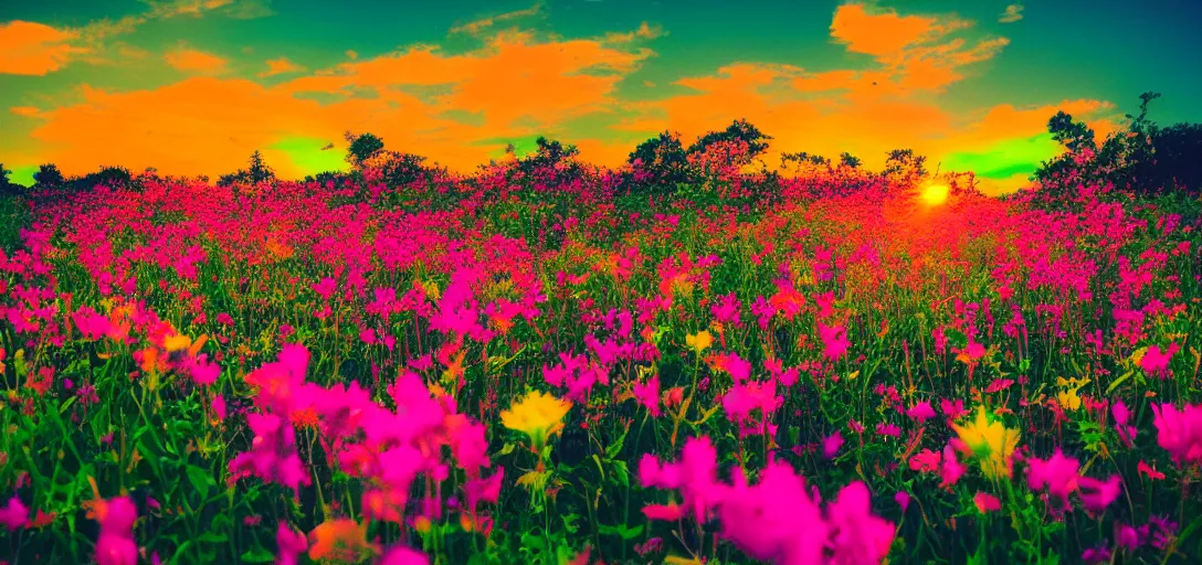 Image similar to an impossible field of beautiful neon colored flowers with a beautiful sunset, vaporwave