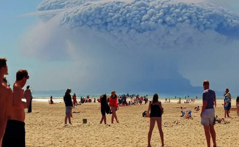 Image similar to sunny day at the beach blue sky nuclear explosion on the horizon and few people watching it war apocalyptic photorealistic