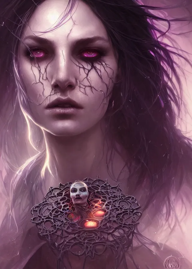 Image similar to Necromancer Sorceress face close-up macro in center, fantasy magic, undercut hairstyle, dark light night, intricate, elegant, sharp focus, illustration, highly detailed, digital painting, concept art, matte, art by WLOP and Artgerm and Greg Rutkowski and Alphonse Mucha, masterpiece