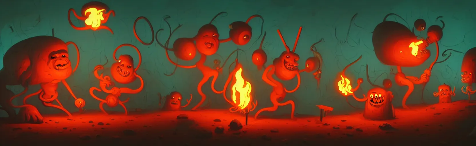 Image similar to uncanny whimsical savage mutants from the depths of a vast wasteland in the collective unconscious, dramatic lighting from fiery torches, surreal fleischer cartoon characters, shallow dof, surreal painting by ronny khalil and bosch