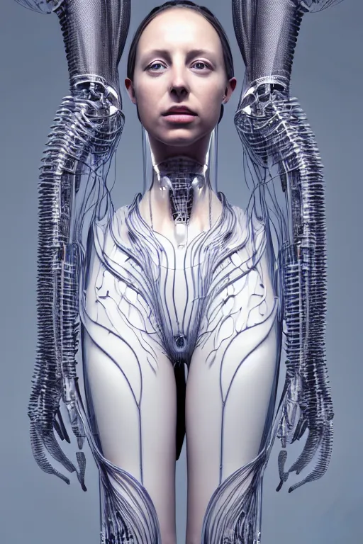 Image similar to young woman, iris van herpen, beautiful face, perfect symmetrical body, full body shot, inflateble shapes, wires, tubes, veins, jellyfish, white biomechanical details, wearing epic bionic cyborg implants, masterpiece, intricate, biopunk, vogue, highly detailed, artstation, concept art, cyberpunk, octane render