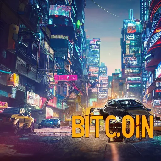 Image similar to people running away scared from bitcoin city, bitcoin evil, cyberpunk art ultrarealistic 8k