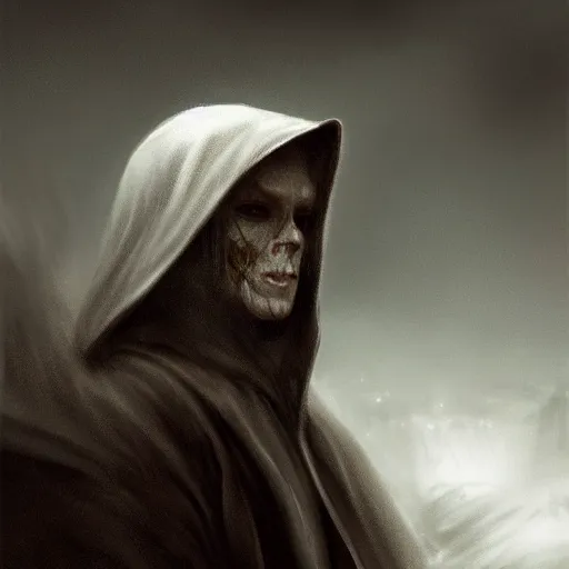 Image similar to portrait of a small pale cowardly man wearing dark hood, scared look, fantasy artwork, high fantasy