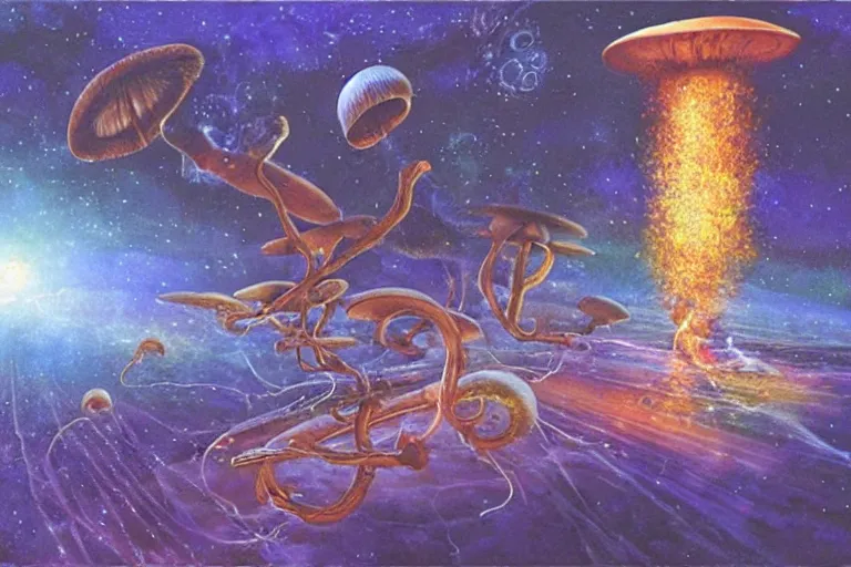 Image similar to how magic mushrooms can take us to the farthest reaches of innerspace, painting by james gurney