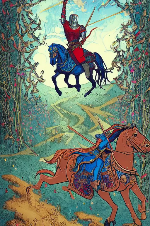 Image similar to medieval knight riding a horse in a magic kingdom pointing into the sky, shiny armor, colorful forest with flying faires, wizards and magic mushrooms in the background, illustrated by james jean, very detailed, comicbook cover