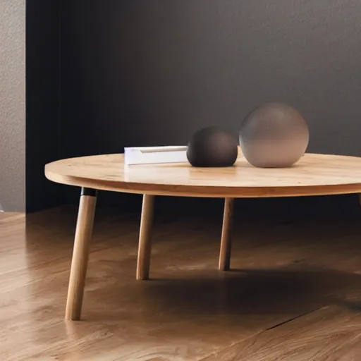 Prompt: an impractical spherical wooden table, magazine product photo