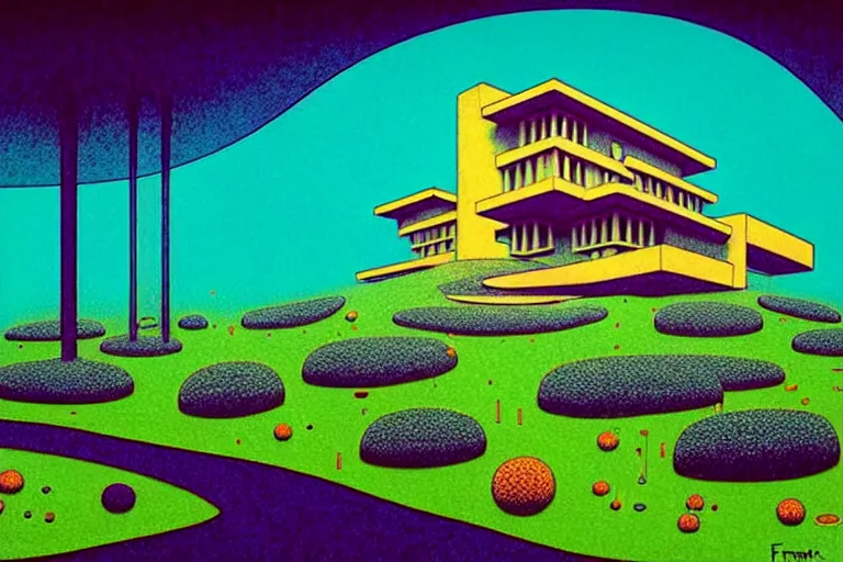 Prompt: surreal glimpse into other universe, house by frank lloyd wright, summer morning, very coherent and colorful high contrast, art by!!!! gediminas pranckevicius!!!!, geof darrow, floralpunk screen printing woodblock, dark shadows, hard lighting, stipple brush technique,