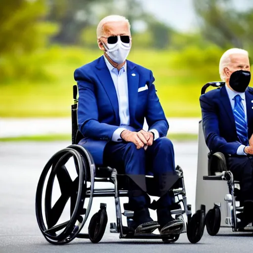 Image similar to still image of joe biden sitting in a turbo boosted wheelchair with a jet engine, 8 k photo