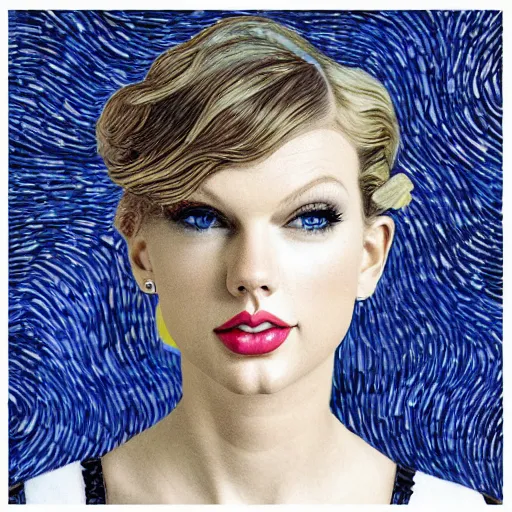 Image similar to portrait of taylor swift, mashup between mc escher and vincent van gogh