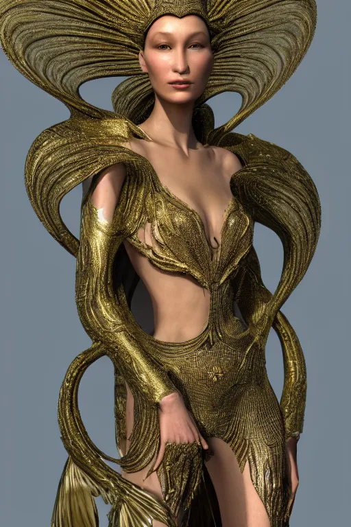 Prompt: a highly detailed metahuman 4 k render photo of an alien goddess bella hadid in iris van herpen dress schiaparelli in diamonds swarovski and jewelry in style of alphonse mucha gustav klimt trending on artstation made in unreal engine 4