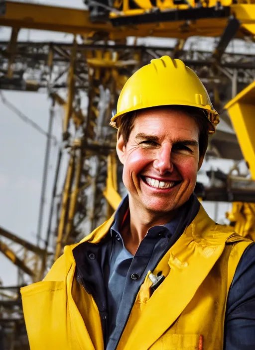 Prompt: closeup portrait of cheerful tom cruise as a crane operator, yellow hardhat, sitting in a crane, natural light, bloom, detailed face, magazine, press, photo, steve mccurry, david lazar, canon, nikon, focus