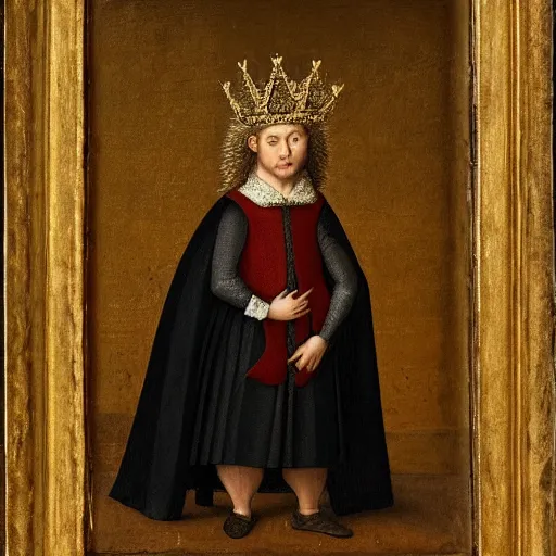 Prompt: a renaissance style portrait of a hedgehog king wearing a crown and a cape, dark background