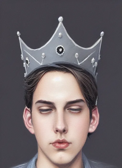 Image similar to portrait of teenage jughead jones wearing a light grey crown, photorealistic, crown, eyes closed, crown, black hair, intricate, elegant, glowing lights, highly detailed, digital painting, artstation, concept art, smooth, sharp focus, illustration, art by wlop, mars ravelo and greg rutkowski