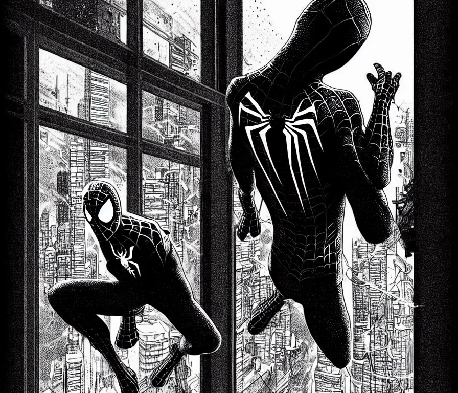 Prompt: outdoors : spiderman sink in hoodie sits on windowsill, knees tucked in | rain falls at night : storyboard, scifi cyberpunk. by gabriel hardman, joe alves, chris bonura. cinematic atmosphere, detailed and intricate, perfect anatomy