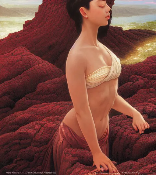 Image similar to close-up Lalisa Manobal bathing on Diamond Head volcano, thermal lava flowing down dark travertine terraces, intricate, elegant, luxurious, digital painting, concept art, smooth, sharp focus, from Star Trek 2021, illustration, by WLOP and Ruan Jia and Mandy Jurgens and William-Adolphe Bouguereau, Artgerm