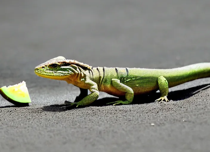 Image similar to a lizard out in the beach while looking into a sliced melon in front of it