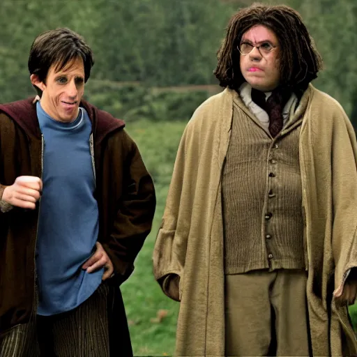 Prompt: Ben stiller as Harry Potter on running with hagrid