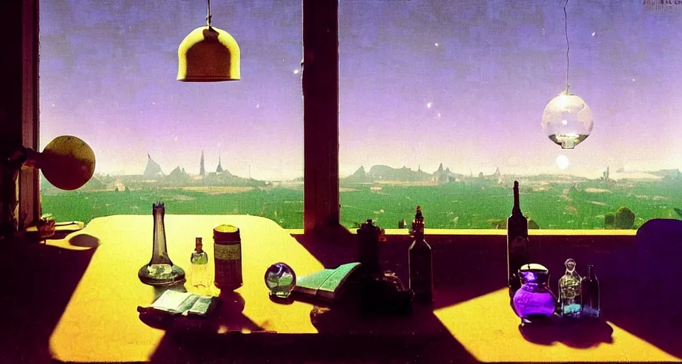 Image similar to one single purple potion in a round bottle with a glowing galactic landscape inside of it on a messy brown table, papers and books, sunlight from a window, soft lighting, atmospheric, bottle is the focus. rene magritte simon stalenhag carl spitzweg syd mead norman rockwell edward hopper james gilleard