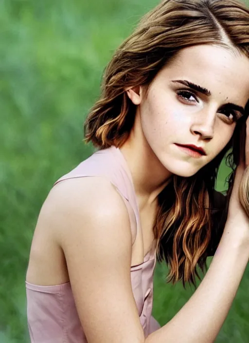 Image similar to Emma Watson for Glamour, perfect face, hot summertime, full length shot, colorful, XF IQ4, 150MP, 50mm, f/1.4, ISO 200, 1/160s, natural light, Adobe Photoshop, Adobe Lightroom, DxO Photolab, Corel PaintShop Pro, rule of thirds, symmetrical balance, depth layering, polarizing filter, Sense of Depth, AI enhanced