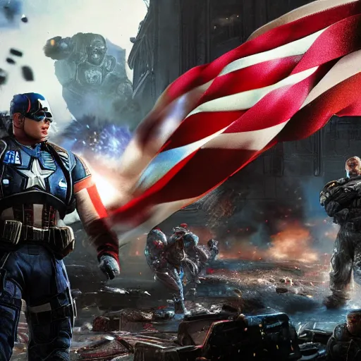 Image similar to portrait of donald trump as captain america in gears of war, splash art, maga, patriot, movie still, cinematic lighting, dramatic, glowing, ray tracing, octane render, long lens, shallow depth of field, bokeh, anamorphic lens flare, 8 k, hyper detailed, 3 5 mm film grain