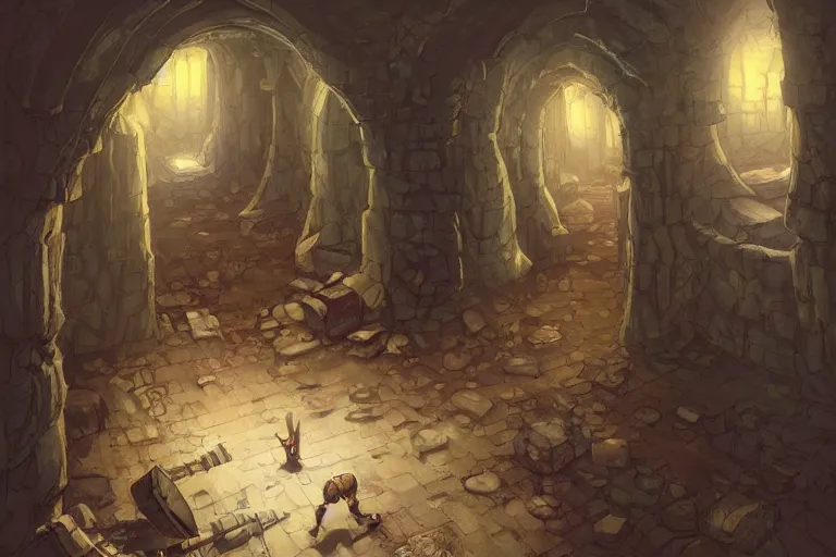 Image similar to one point perspective dungeon cozy fantasy dungeon hallway view with swinging axe trap in the middle of the ground by artgerm and Craig Mullins, James Jean, Andrey Ryabovichev, Mark Simonetti and Peter Morbacher 16k