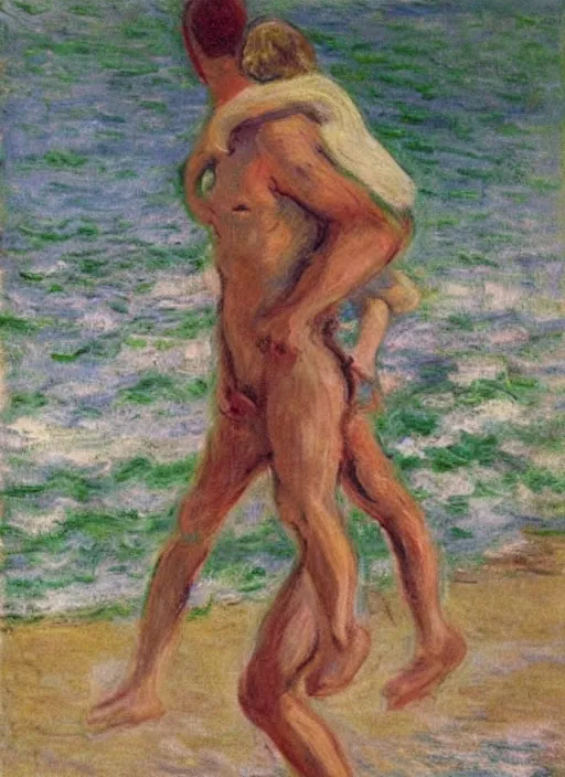 Image similar to a clothed man carrying his child over his shoulders walking near the beach, anatomically correct, painting by monet, masterpiece