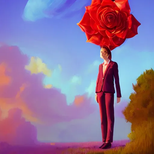 Image similar to portrait, giant rose flower head, girl in a suit, surreal photography, sunrise, blue sky, dramatic light, impressionist painting, digital painting, artstation, simon stalenhag