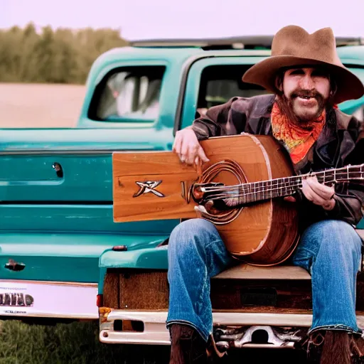 Prompt: A folkpunk brown hound dog playing the banjo in front of a pickup truck