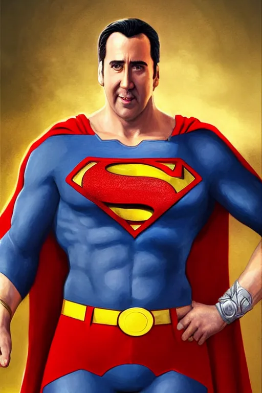 Image similar to Portrait of Nicolas Cage as superman, DC, justice league, cinematic lighting, intricate, elegant, highly detailed, digital painting, artstation, painted by Artgerm and Mark Waid and Greg Rutkowski and Mandy Jurgens and Snyder