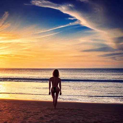 Prompt: Jutta Leerdam wearing a bikini in a beach, sunset, cute, intricate, elegant, photo realistic, centered, smooth, sharp focus