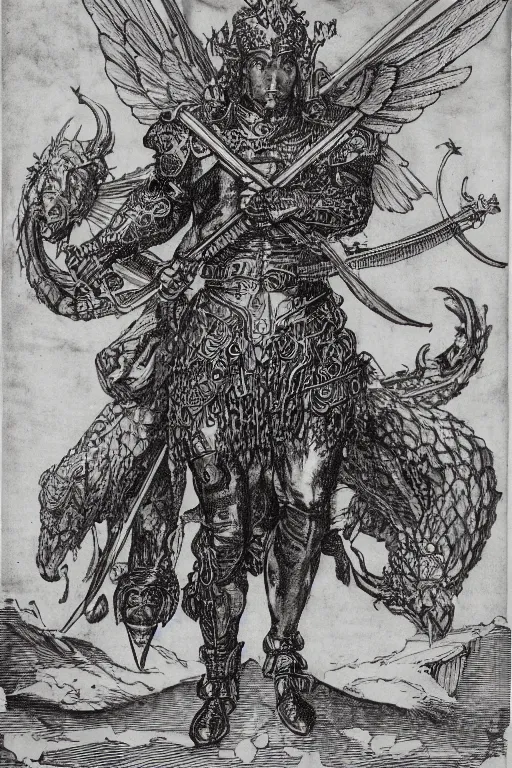 Prompt: A copper engraving of an armored archangel who looks like henry cavill standing atop a dragon, glorious, by albrecht durer, HD, 4k, 8k, incredibly detailed, intricate, masterpiece,