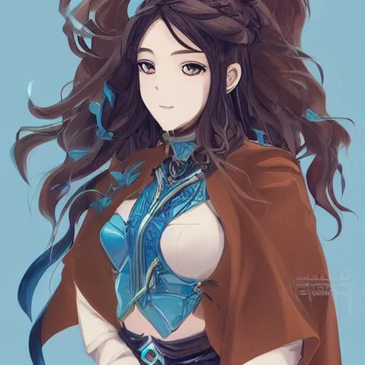 Image similar to “A detailed stunning and beautiful anime woman with brown-flowing hair, long blue-cape, decorative leather armor, surrounded by a catacomb of books, trending on artstation, by rossdraws”