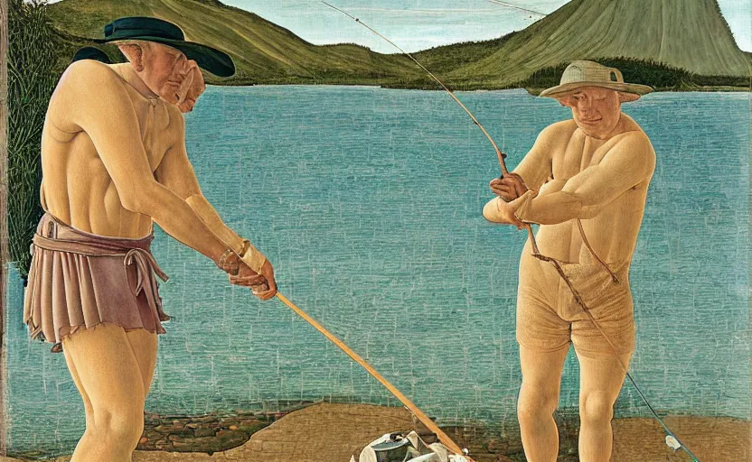 Image similar to painting of Urho Kekkonen fishing in Hawaii by Sandro Botticelli, clear texture, calm, pastel colors