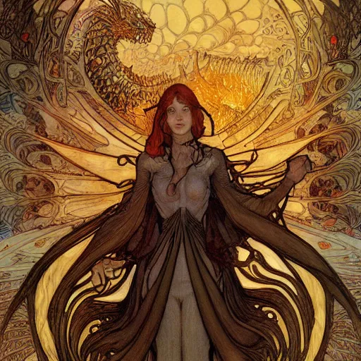 Image similar to the second coming of smaug, by rebecca guay and by arthur rackham and by alphonse mucha and by john william waterhouse, cosmic, heavenly, god rays, intricate detail, cinematic, 8 k, cel shaded, unreal engine, featured on artstation, pixiv