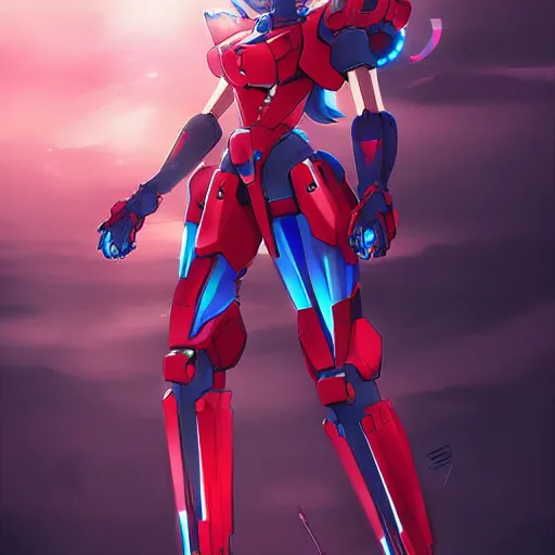 Prompt: digital anime art, cute mech girl wearing a red mech suit and blue eyes. wlop, rossdraws, sakimimichan