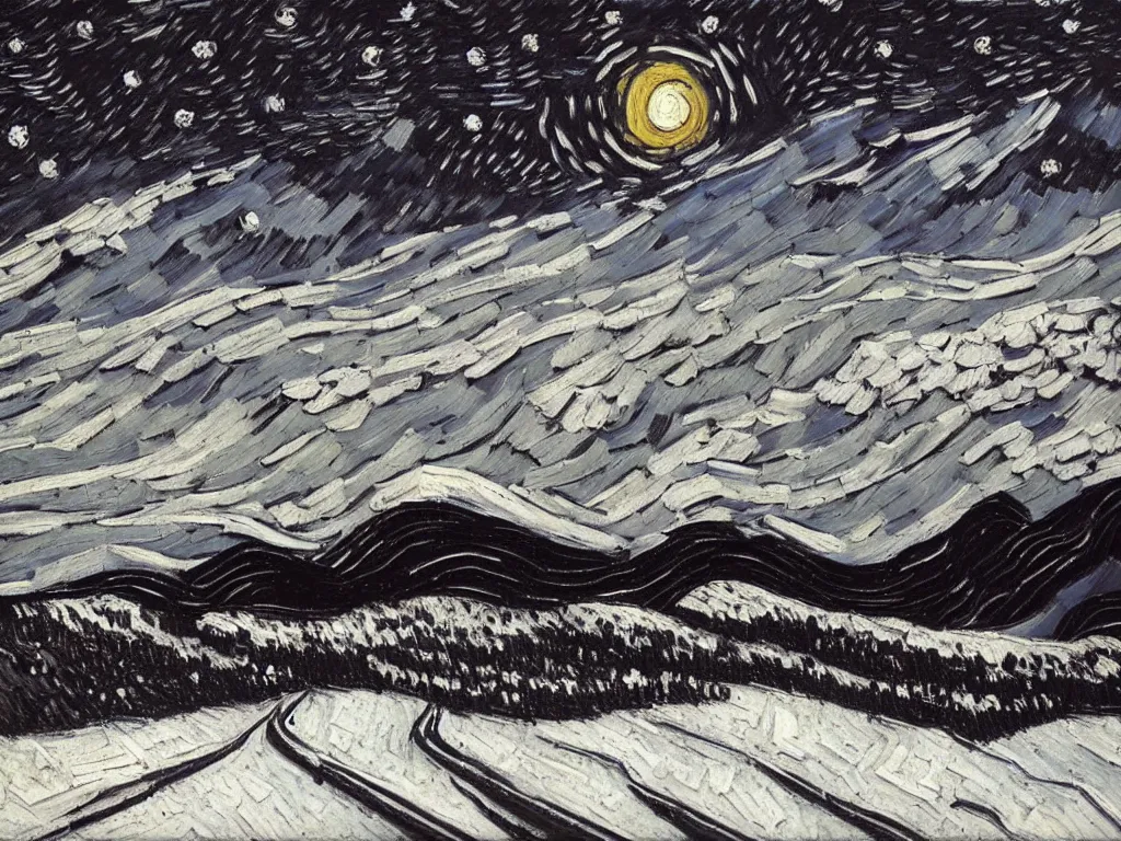 Image similar to thick impasto textured oil black and white painting of the laurentian appalachian mountains in winter by vincent van gogh, unique, original and creative landscape, snowy night, distant town lights, aurora borealis, deers and ravens, footsteps in the snow, brilliant composition