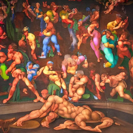 Prompt: a michelangelo mural of rave party