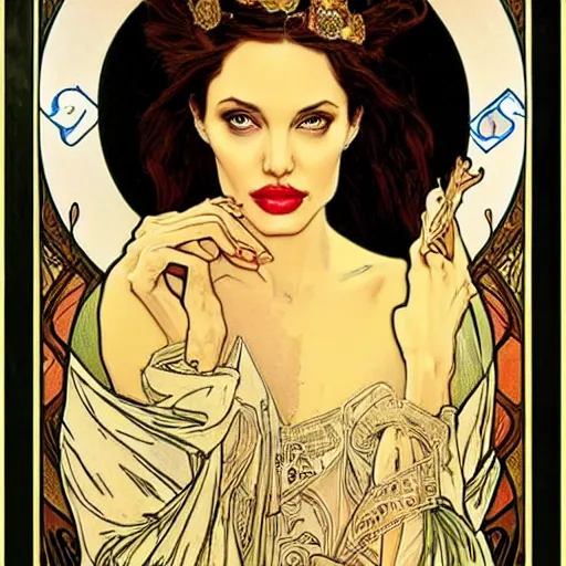 Image similar to angelina jolie portrait by louis - theophile hingre and alphonse mucha, realistic, sharp focus, zodiac signs, tarot cards, planets, ethereal, art nouveau, magic, moon, sun, crown, dreamy, royal, jewellery