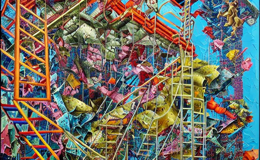 Image similar to chutes and ladders. detailed abstract painting by bordalo ii, by mc escher, by raqib shaw, japanese popsurrealism,