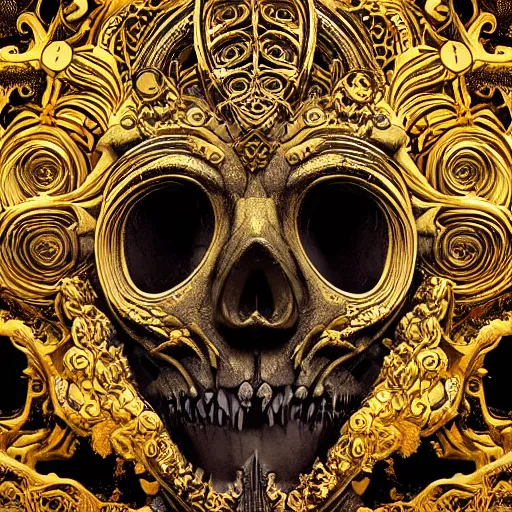 Image similar to ancient hybrid majestic gold skulls whirlpool cosmos throne beautiful symmetrical face mask closeup face mask golden ratio concept, deep forest psytrance Neo-Gothic concept, infinity glyph waves, intricate artwork masterpiece, very coherent artwork, cinematic, full frontal facial features by Artgerm, Takato Yamamoto, Zdizslaw Beksinski, Johnatan Wayshak, Moebius, H.R. Giger, Ayami Koj ima, very coherent artwork, trending on cgsociety, ultra high quality model, production quality cinema model, high detail chromatic ink outline, octane render, hyper reali sm, high detail, octane render, High contrast, highly detailed black ink outline